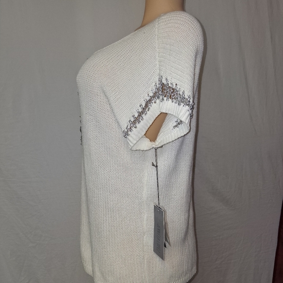 Jennifer Lopez Cream White Knit Blouse with Silver Chain Accents Size XL - Picture 7 of 16
